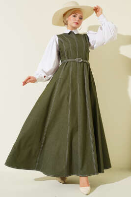 Kemerli Dikiş Detaylı Kot Jile Haki - Elbise