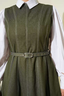 Kemerli Dikiş Detaylı Kot Jile Haki - Elbise