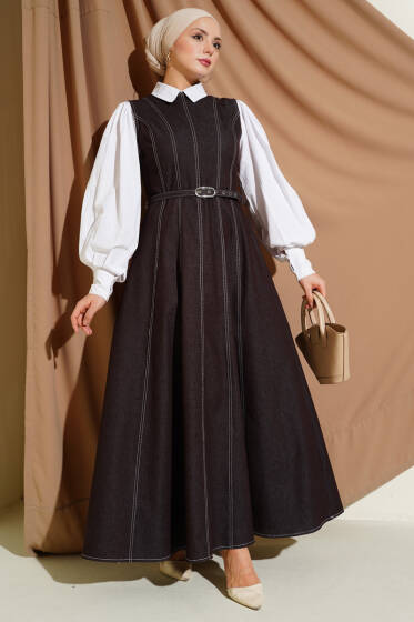 Kemerli Dikiş Detaylı Kot Jile Kahve - Elbise