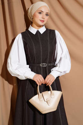 Kemerli Dikiş Detaylı Kot Jile Kahve - Elbise