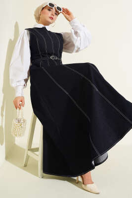 Kemerli Dikiş Detaylı Kot Jile Lacivert 