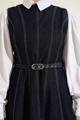 Kemerli Dikiş Detaylı Kot Jile Lacivert - Elbise