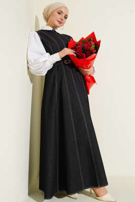 Kemerli Dikiş Detaylı Kot Jile Siyah - Elbise