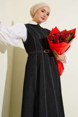 Kemerli Dikiş Detaylı Kot Jile Siyah - Elbise