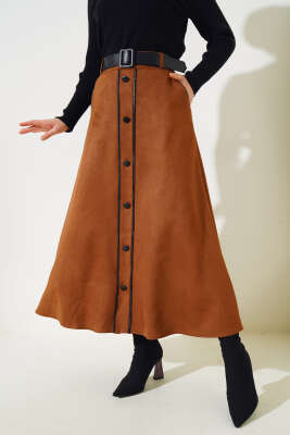 Kemerli Düğme Detaylı Süet Etek Taba - Uzun Etek