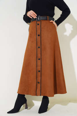 Kemerli Düğme Detaylı Süet Etek Taba - Uzun Etek