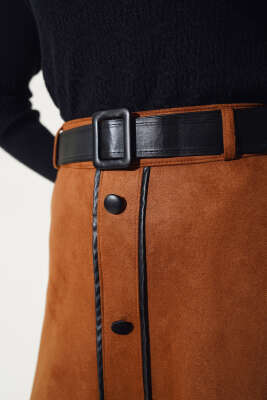 Kemerli Düğme Detaylı Süet Etek Taba - Uzun Etek