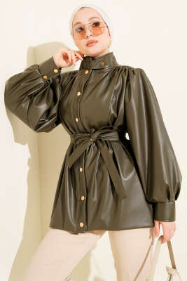 Kemerli Düğmeli Deri Ceket Haki - HEWES