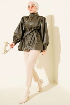 Kemerli Düğmeli Deri Ceket Haki - Ceket