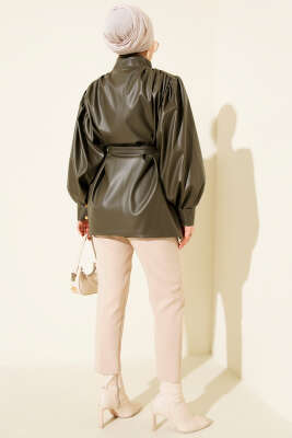 Kemerli Düğmeli Deri Ceket Haki - Ceket