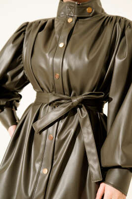 Kemerli Düğmeli Deri Ceket Haki - Ceket