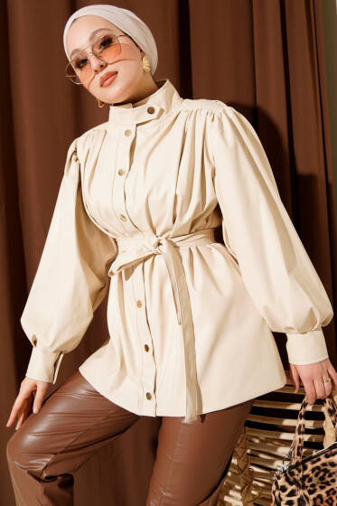 Kemerli Düğmeli Deri Ceket Taş - Ceket