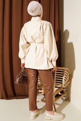 Kemerli Düğmeli Deri Ceket Taş - Ceket