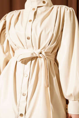 Kemerli Düğmeli Deri Ceket Taş - Ceket