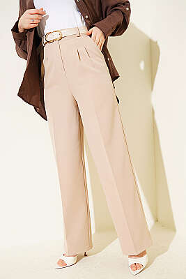 Kemerli Düğmeli Geniş Paça Pantolon Bej - ZAZA