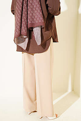 Kemerli Düğmeli Geniş Paça Pantolon Bej - Pantolon