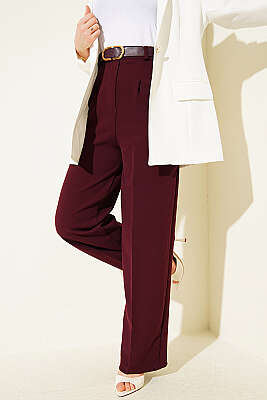 Kemerli Düğmeli Geniş Paça Pantolon Bordo - ZAZA