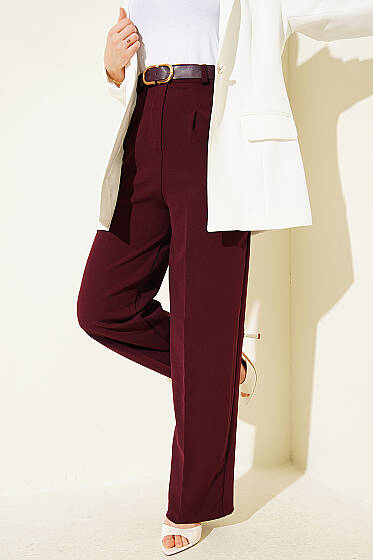 Kemerli Düğmeli Geniş Paça Pantolon Bordo - Pantolon