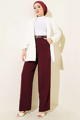 Kemerli Düğmeli Geniş Paça Pantolon Bordo - Pantolon