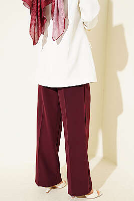 Kemerli Düğmeli Geniş Paça Pantolon Bordo - Pantolon