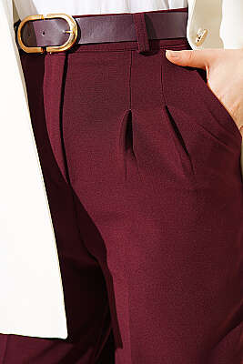 Kemerli Düğmeli Geniş Paça Pantolon Bordo - Pantolon