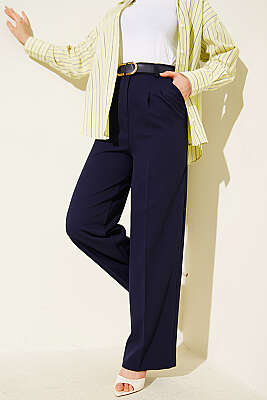 Kemerli Düğmeli Geniş Paça Pantolon Lacivert - ZAZA