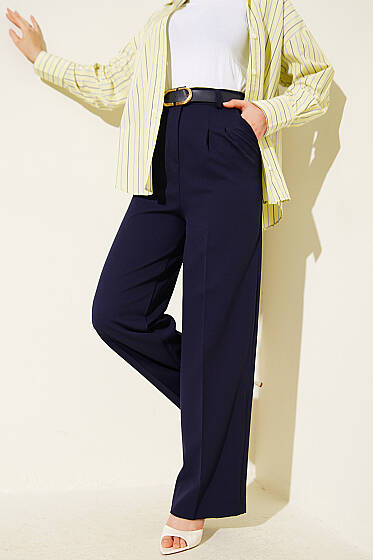 Kemerli Düğmeli Geniş Paça Pantolon Lacivert - Pantolon