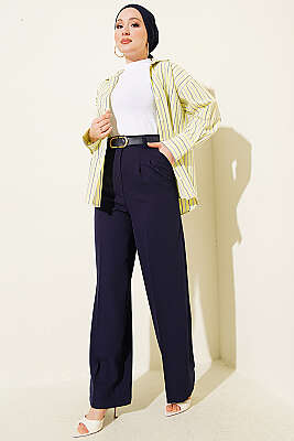 Kemerli Düğmeli Geniş Paça Pantolon Lacivert - Pantolon