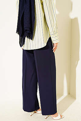 Kemerli Düğmeli Geniş Paça Pantolon Lacivert - Pantolon