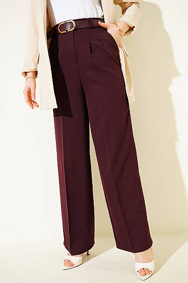 Kemerli Düğmeli Geniş Paça Pantolon Mürdüm - 300-500 TL Ürünler