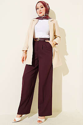 Kemerli Düğmeli Geniş Paça Pantolon Mürdüm - Pantolon