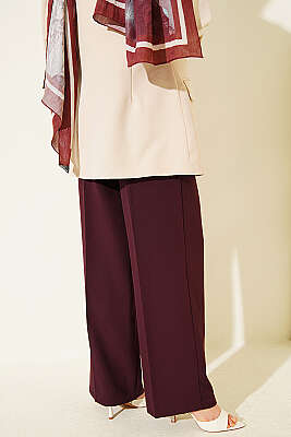 Kemerli Düğmeli Geniş Paça Pantolon Mürdüm - Pantolon