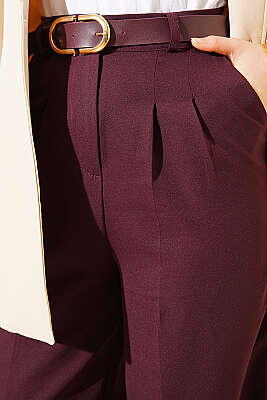 Kemerli Düğmeli Geniş Paça Pantolon Mürdüm - Pantolon