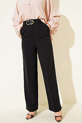 Kemerli Düğmeli Geniş Paça Pantolon Siyah - ZAZA