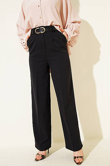 Kemerli Düğmeli Geniş Paça Pantolon Siyah - Pantolon