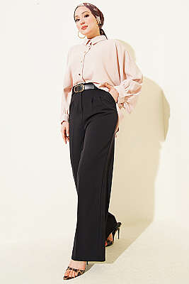 Kemerli Düğmeli Geniş Paça Pantolon Siyah - Pantolon