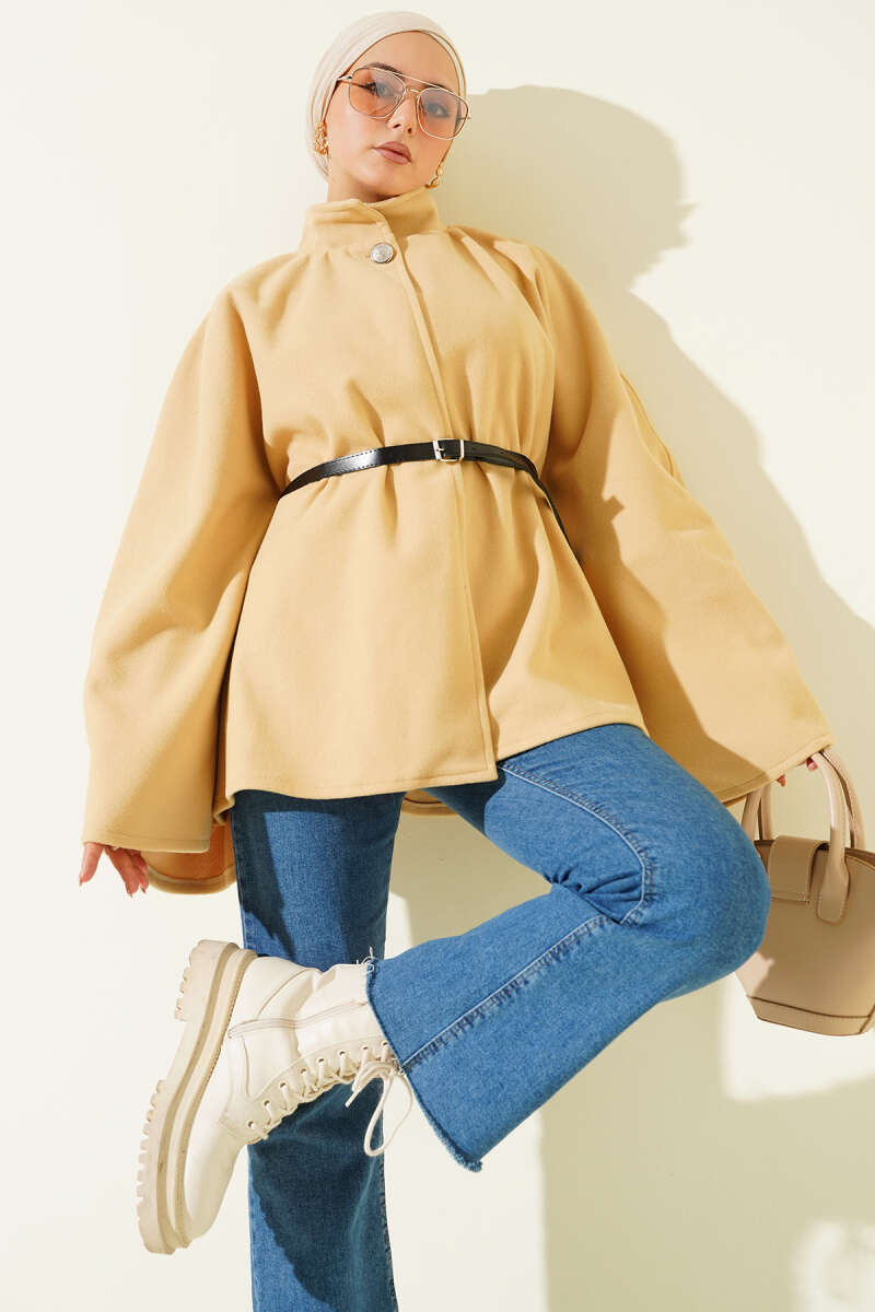Kemerli Düğmeli Kaşe Panço Camel