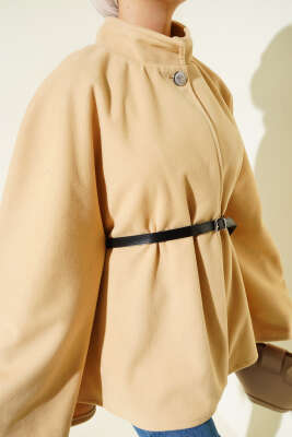 Kemerli Düğmeli Kaşe Panço Camel - Panço