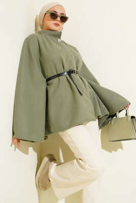 Kemerli Düğmeli Kaşe Panço Haki - CALİENTE