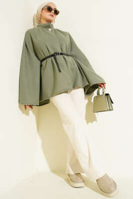 Kemerli Düğmeli Kaşe Panço Haki - Panço