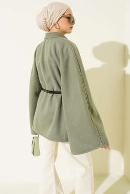 Kemerli Düğmeli Kaşe Panço Haki - Panço