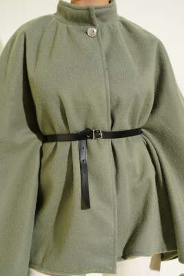 Kemerli Düğmeli Kaşe Panço Haki - Panço