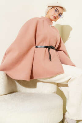 Kemerli Düğmeli Kaşe Panço Pudra - CALİENTE