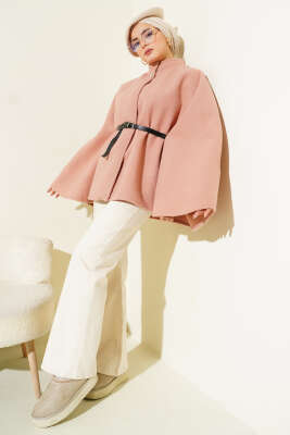 Kemerli Düğmeli Kaşe Panço Pudra - Panço