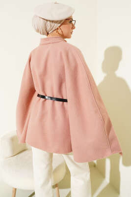 Kemerli Düğmeli Kaşe Panço Pudra - Panço