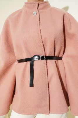 Kemerli Düğmeli Kaşe Panço Pudra - Panço