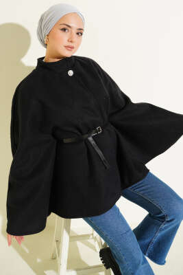 Kemerli Düğmeli Kaşe Panço Siyah - CALİENTE