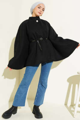 Kemerli Düğmeli Kaşe Panço Siyah - Panço