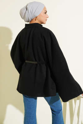 Kemerli Düğmeli Kaşe Panço Siyah - Panço