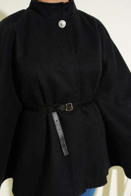 Kemerli Düğmeli Kaşe Panço Siyah - Panço